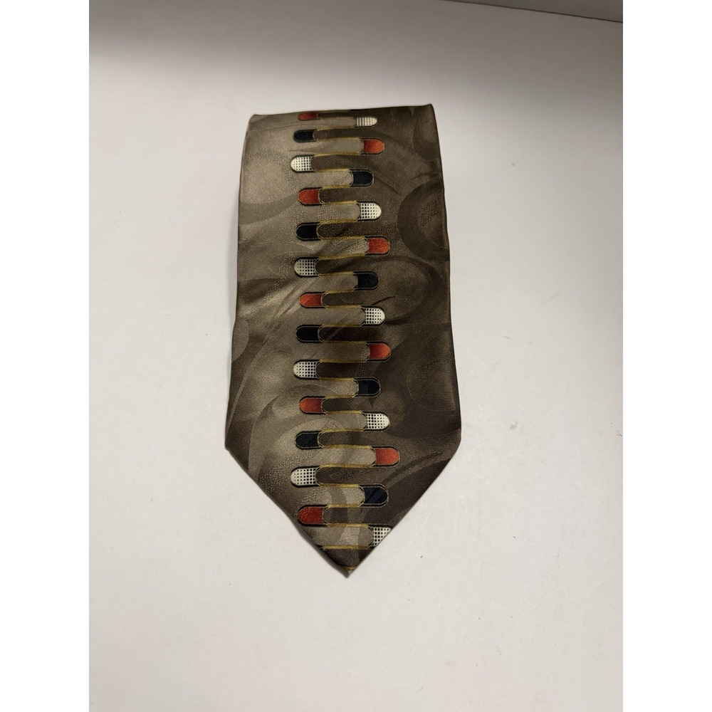 Campanello Silk Tie Mens Taupe Olive Green Geometric Pattern Hand Made Korea